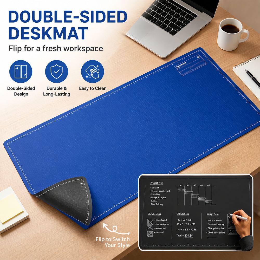 Desk Corner Mat - Dubbelzijdige bureau-onderlegger, draagbaar, herbruikbaar, blauw, met